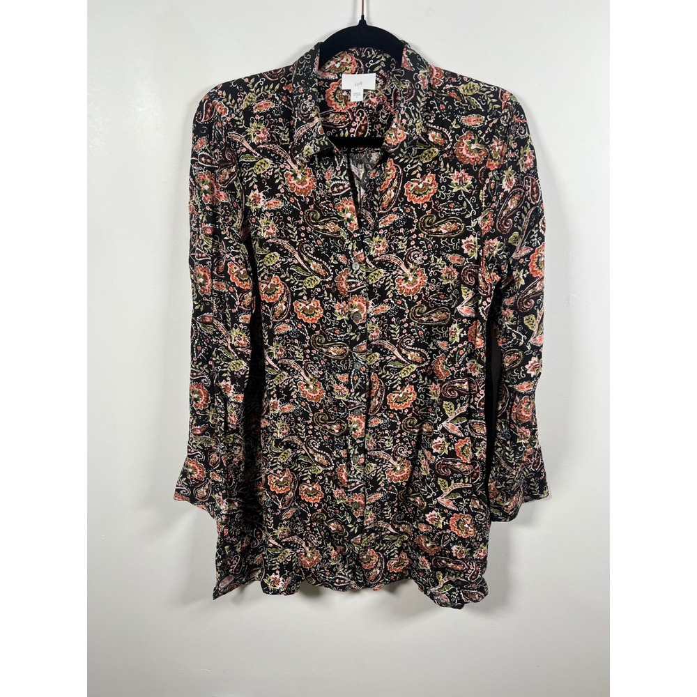 J. Jill Paisley Floral Tunic Brown Boho Lagenlook Button Down Shirt Small
